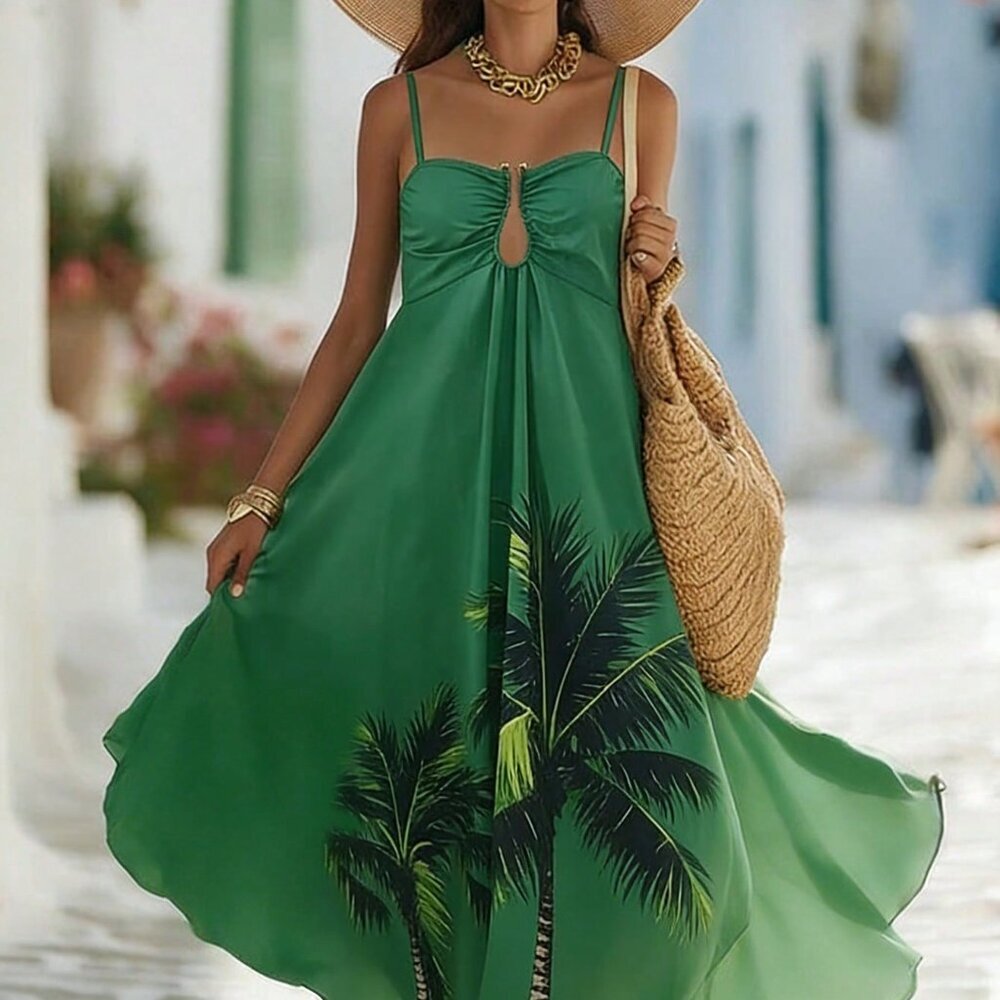 Green Boho Women's Camisole Beach Dress with Metal Trim and Coconut Tree Print